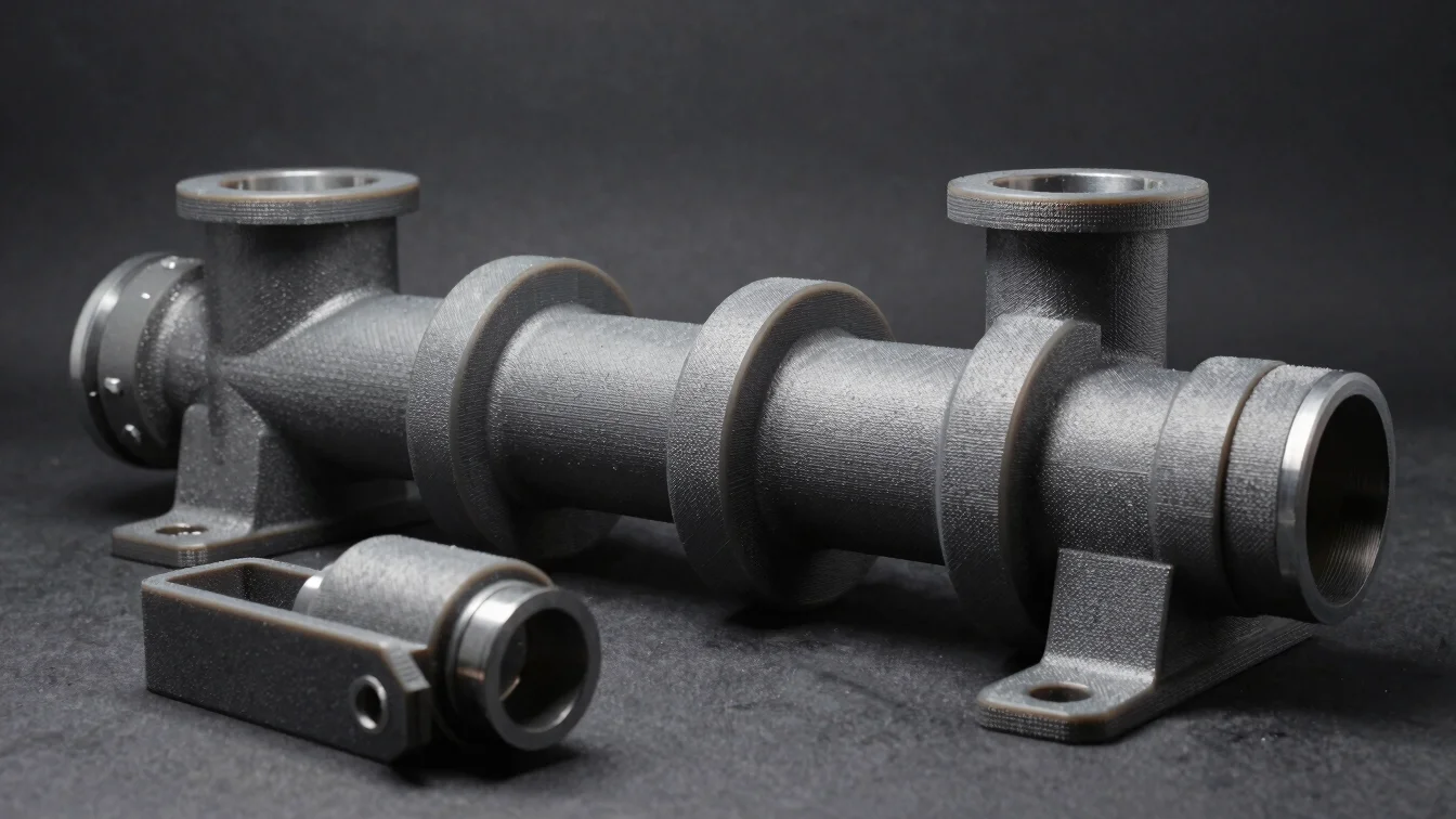 Crisp industrial product photography of textured polymer 3D printed manifold parts and brackets under directional shop l