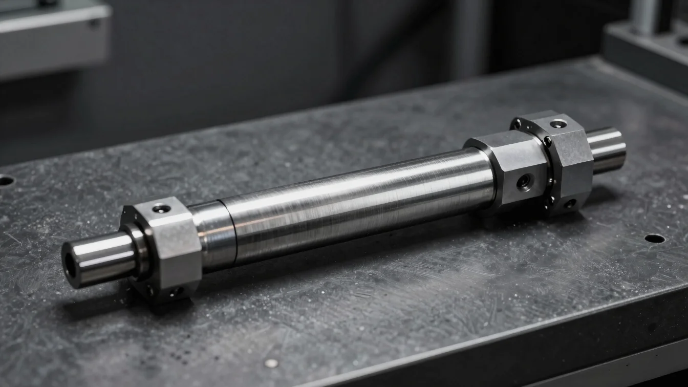Precision metal and polymer mechanical assembly tooling resting on a dark graphite industrial workbench.