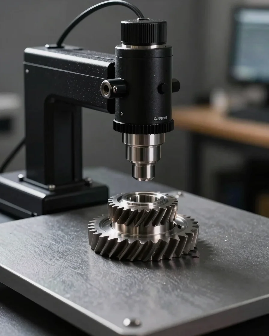 Precision CMM optical scanner inspecting a metal gear assembly on a graphite inspection table under high-contrast direct