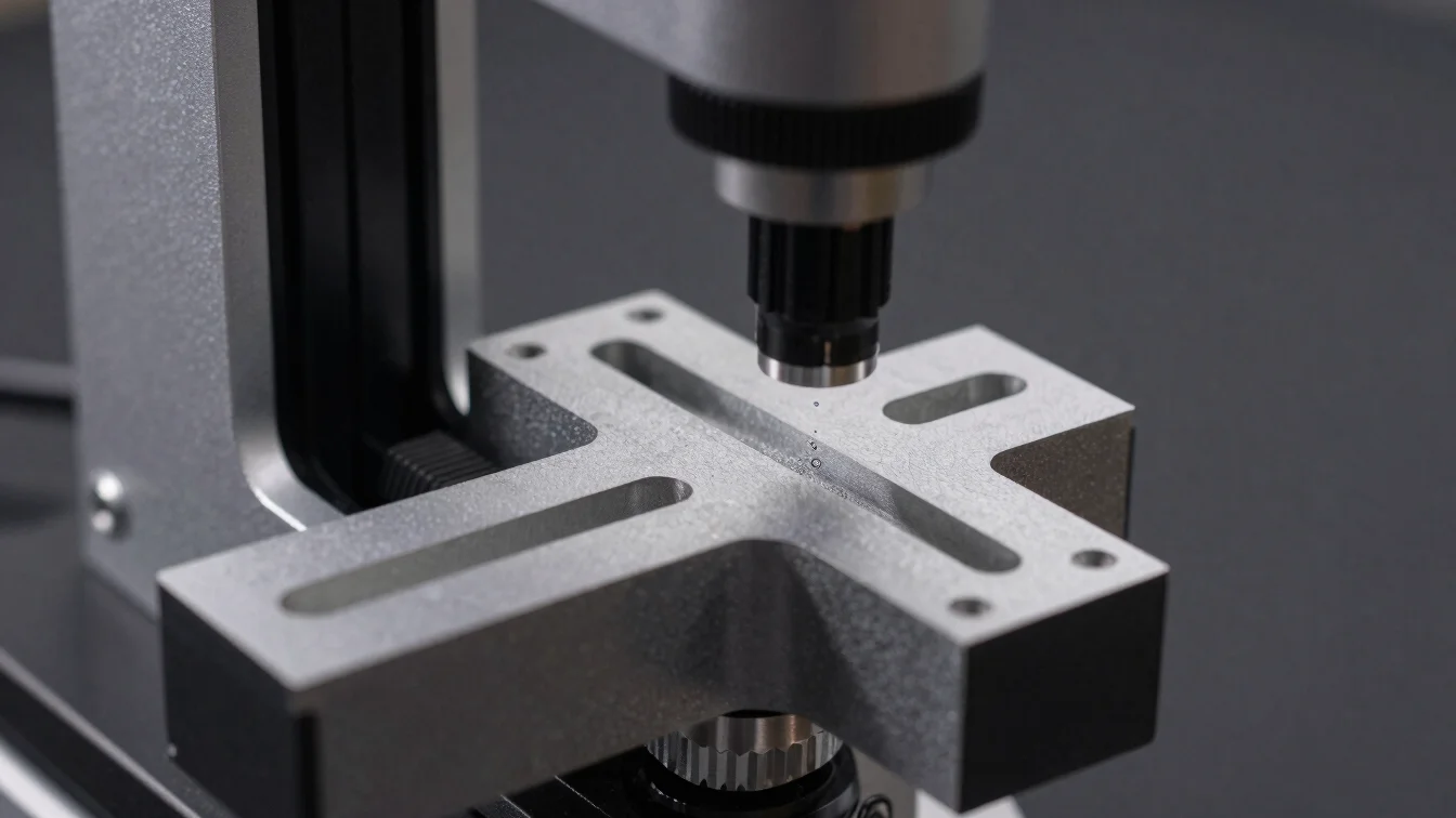 Close-up macro detail of a handheld optical CMM scanner capturing point data on a complex steel bracket.