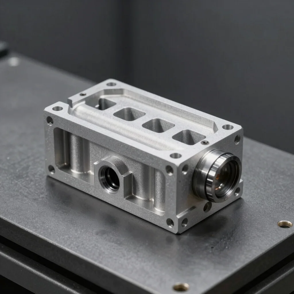 Detailed CNC-machined and 3D printed manifold block assembly on a graphite inspection table