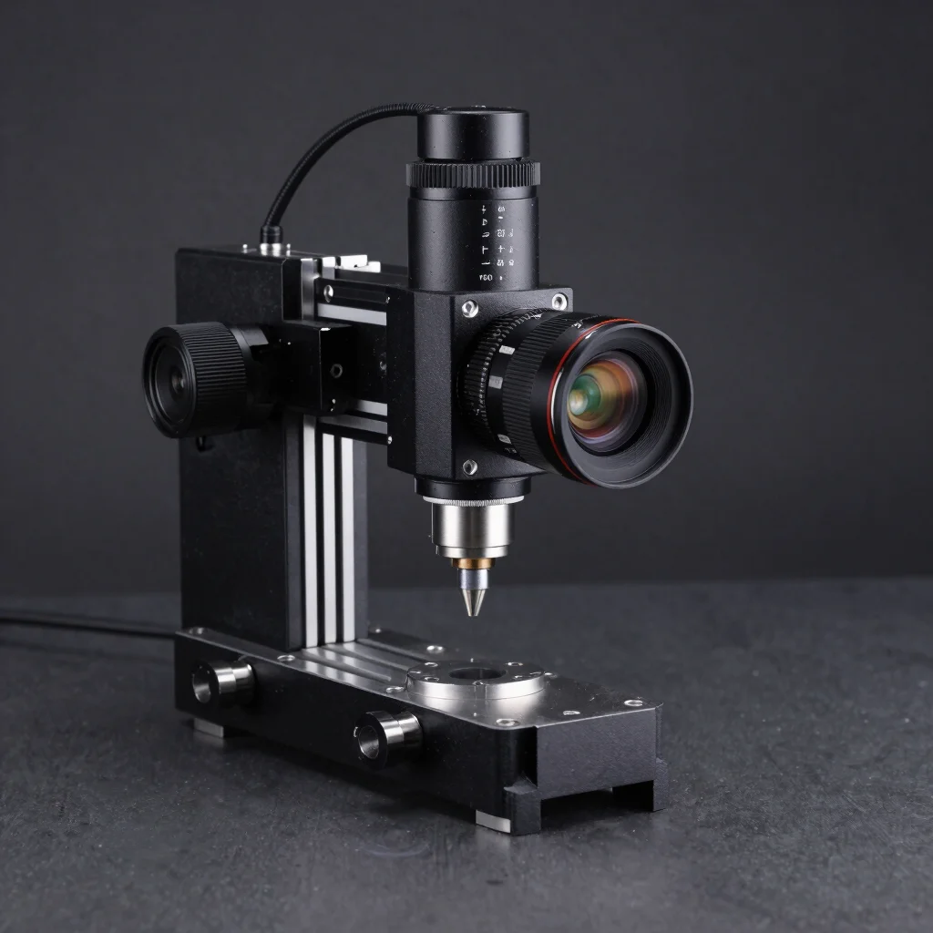 Hand-held optical CMM laser scanner inspecting a complex mechanical bracket on a dark metal backdrop