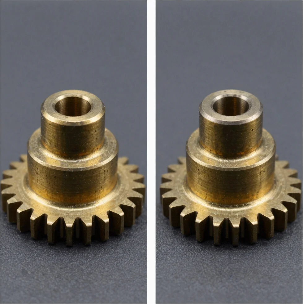 Side-by-side comparison of a worn brass gear next to a high-strength renewed industrial replacement part