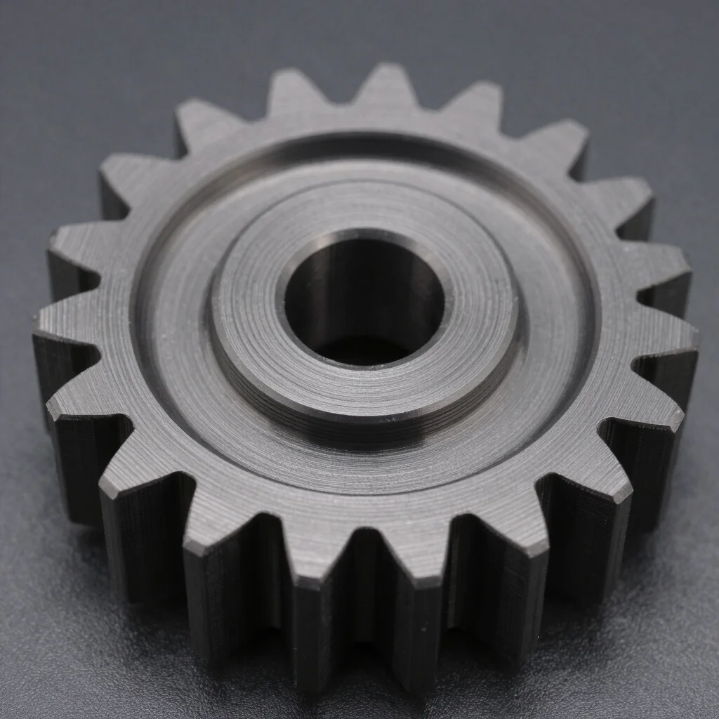 Precision 3D printed industrial polymer gear macro shot with visible layer lines under directional shop lighting
